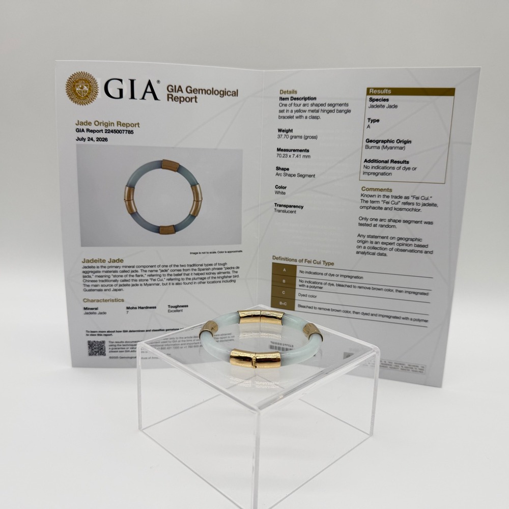 GIA Certified Type A Jadeite Jade 14K Yellow Gold Hinged Bangle Burma 37.70gz